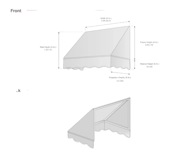 measurement diagram of an awning with dimensions labeled