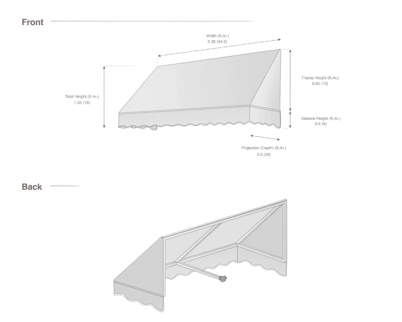 measurement diagram of an awning with dimensions labeled