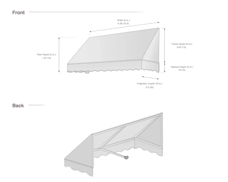 measurement diagram of an awning with dimensions labeled