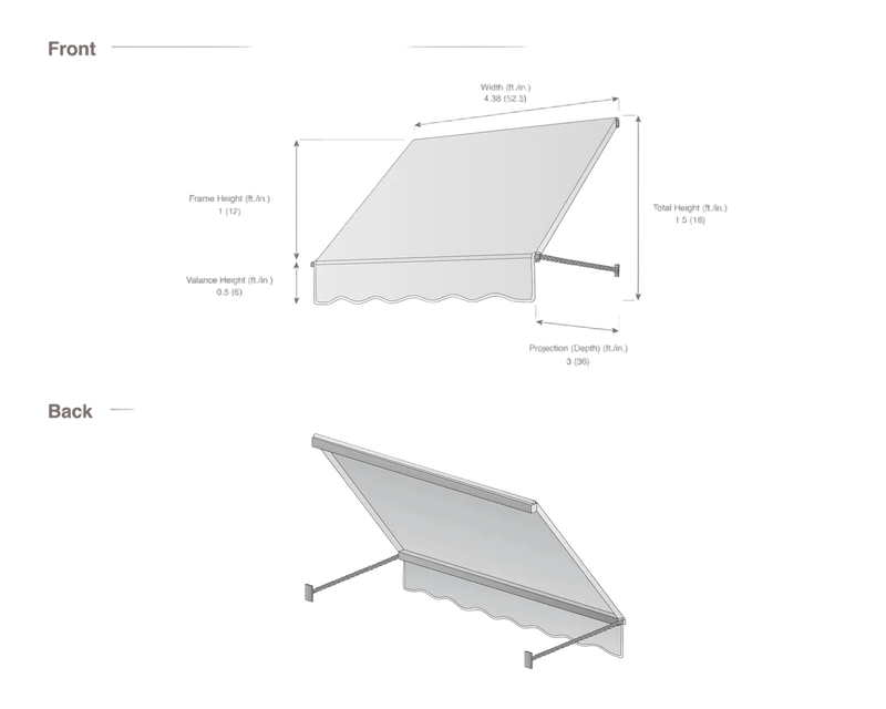 measurement diagram of an awning with dimensions labeled