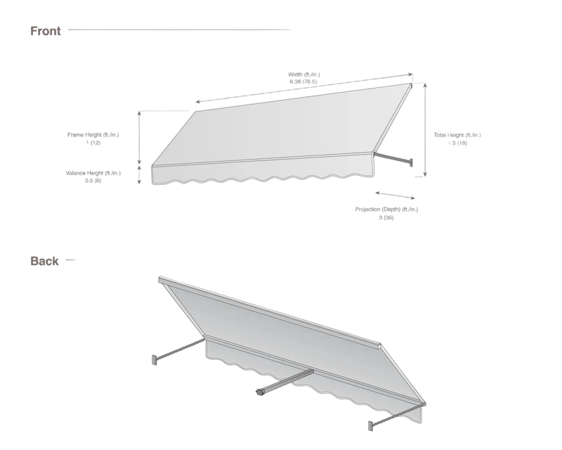 measurement diagram of an awning with dimensions labeled
