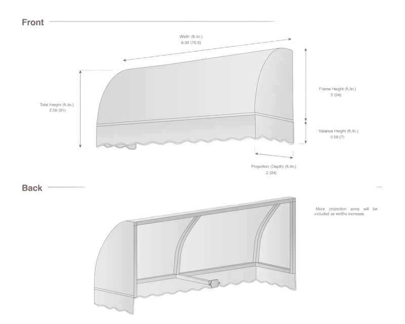 measurement diagram of an awning with dimensions labeled
