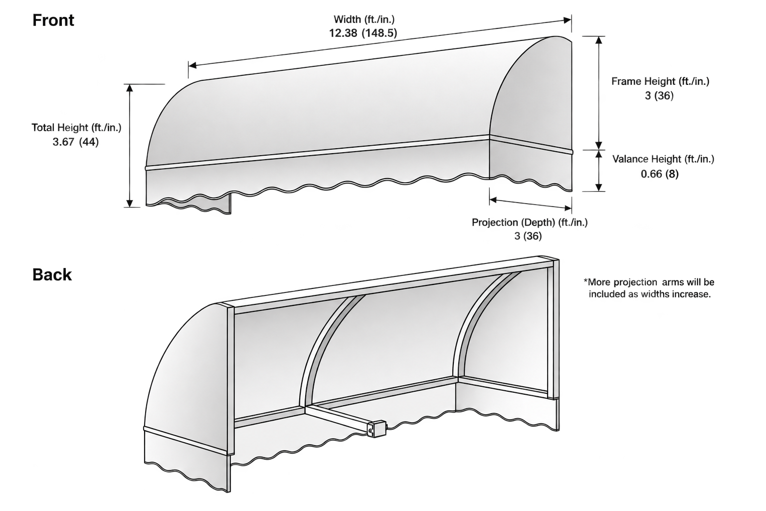 Savannah 148.5" (12.38.ft) Wide. Fabric Awning
