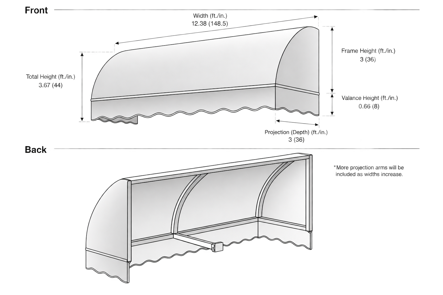Savannah 148.5" (12.38.ft) Wide. Fabric Awning