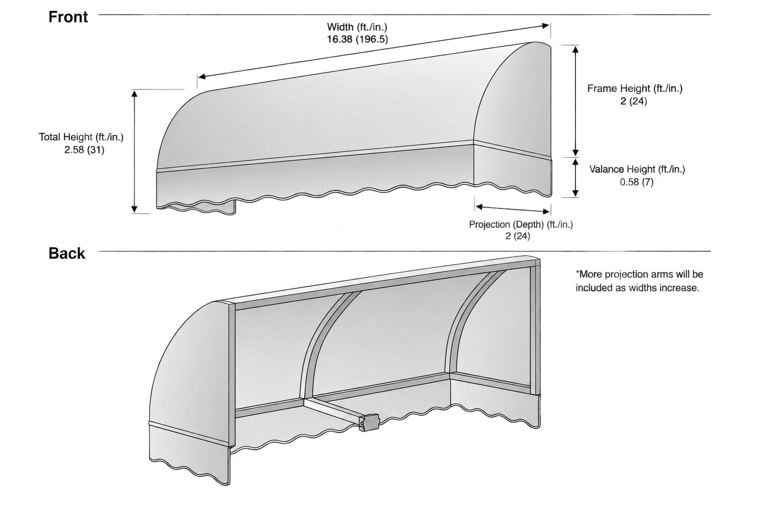 Savannah 196.5" (16.38.ft) Wide. Fabric Awning