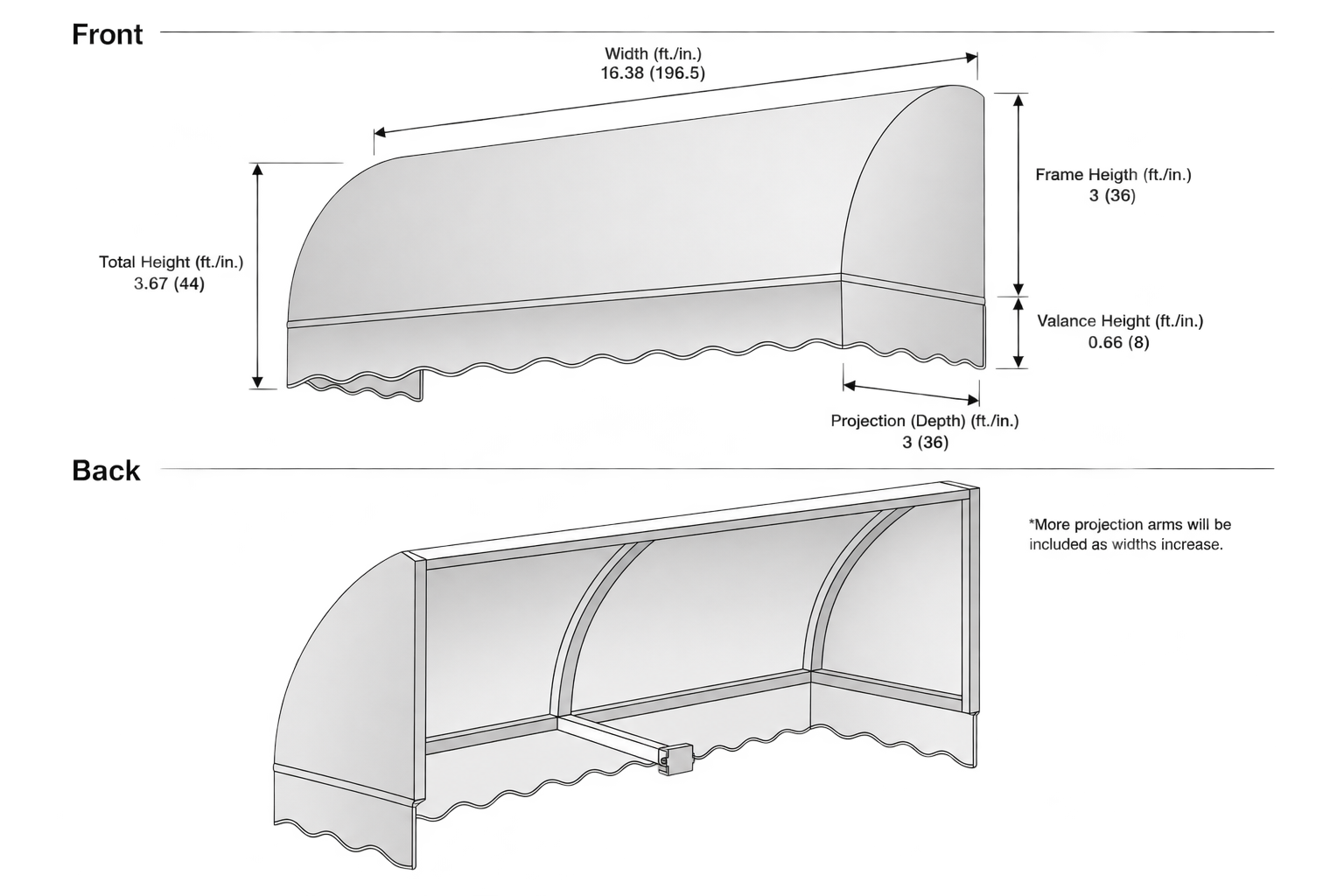 Savannah 196.5" (16.38.ft) Wide. Fabric Awning