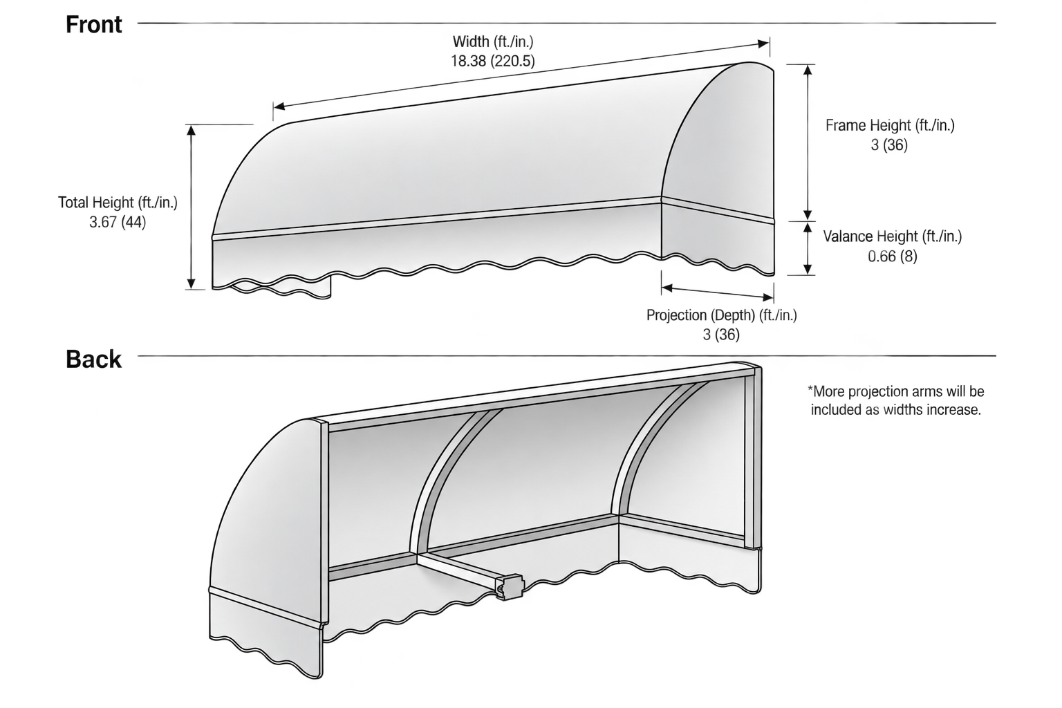 Savannah 220.5" (18.38.ft) Wide. Fabric Awning