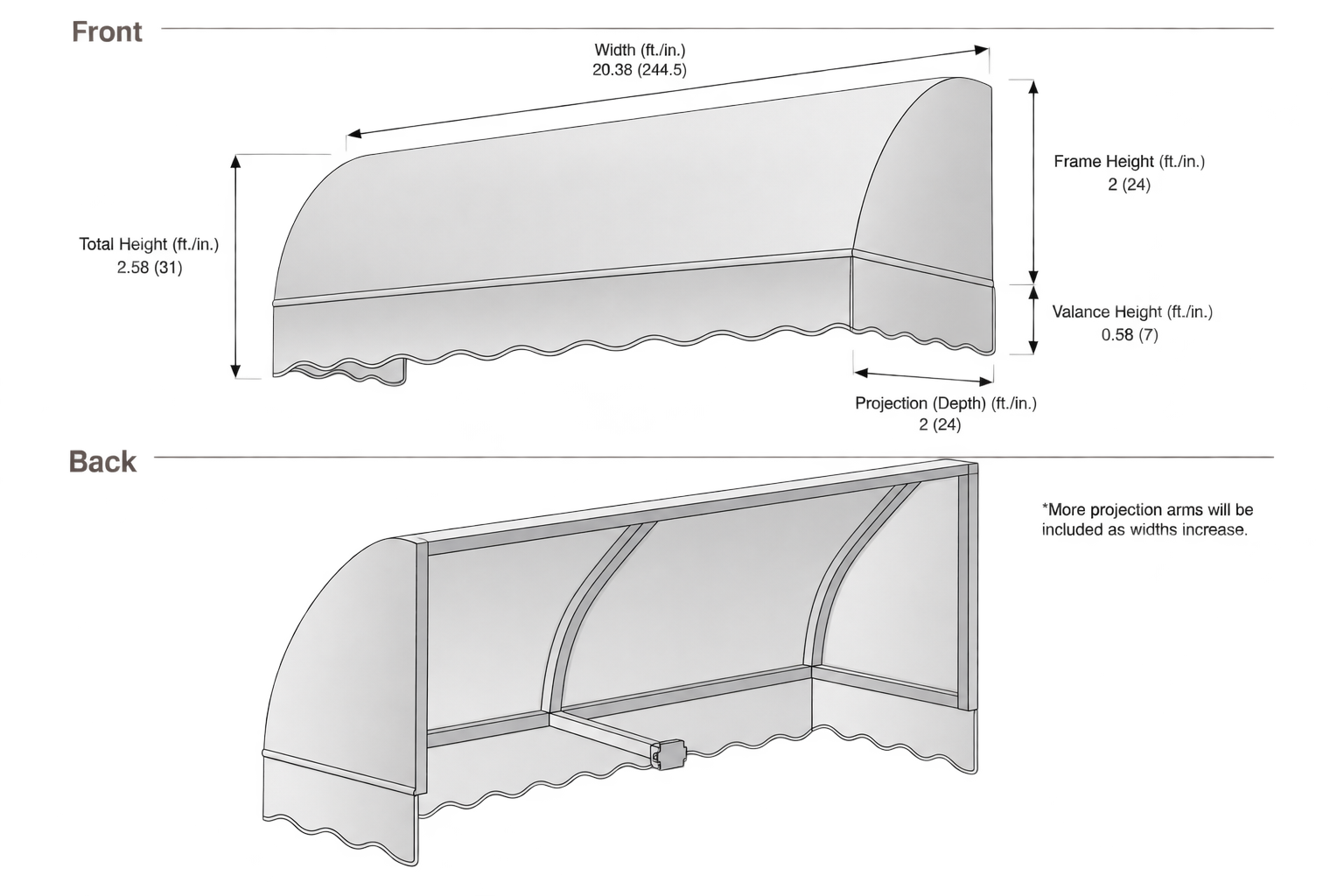 Savannah 244.5" (20.38.ft) Wide. Fabric Awning