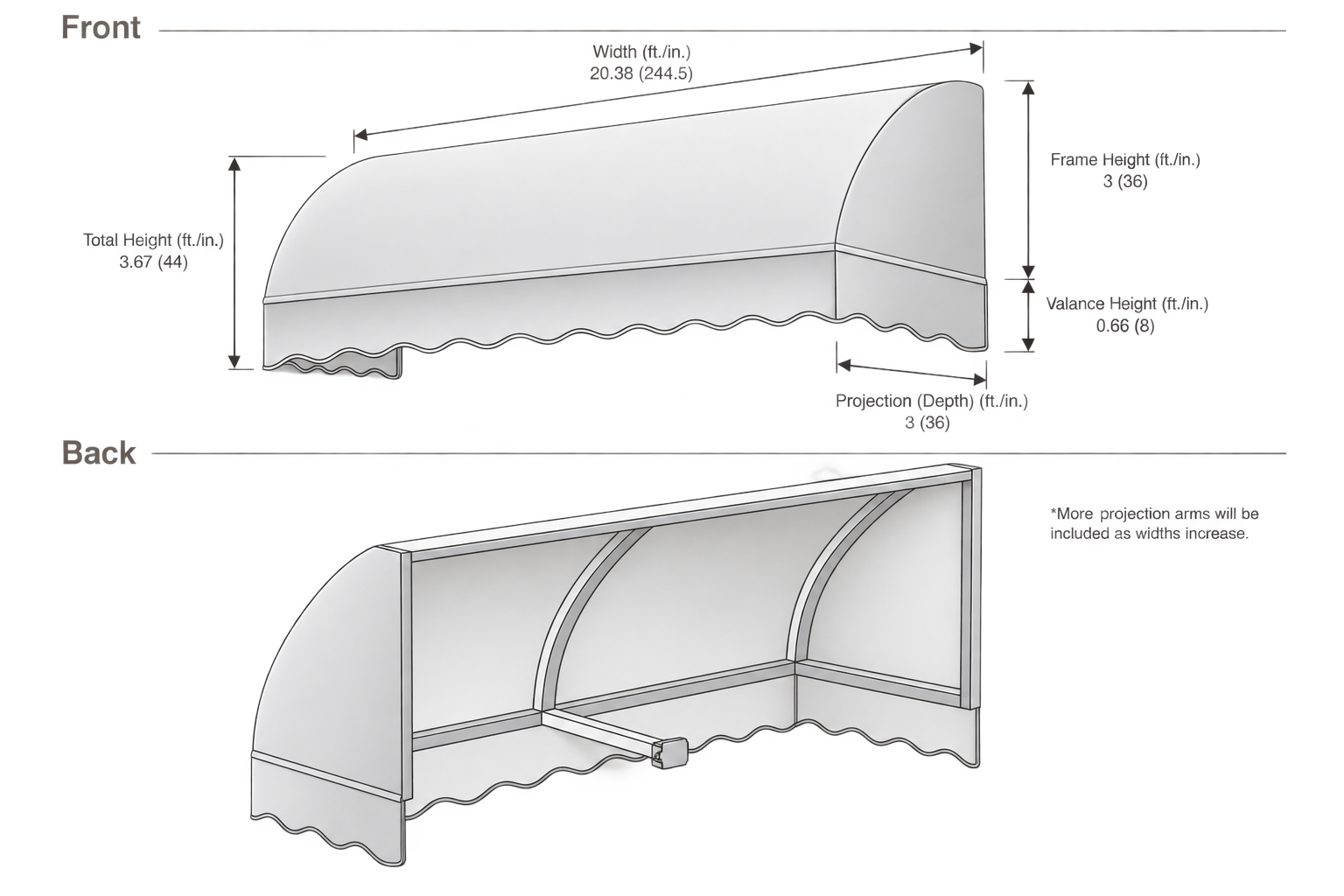 Savannah 244.5" (20.38.ft) Wide. Fabric Awning