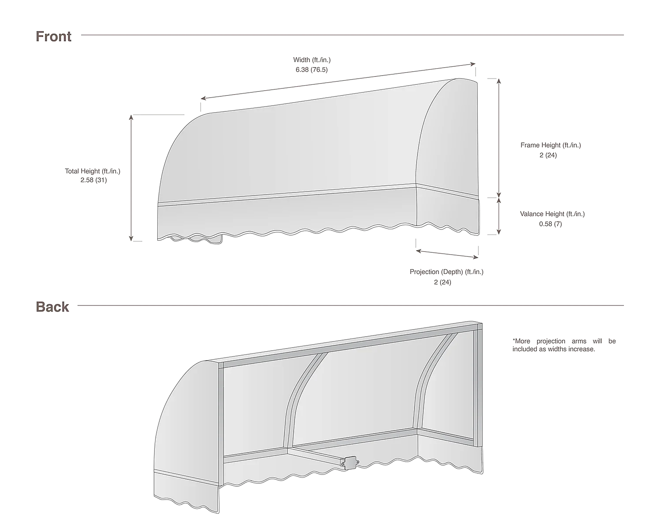 Savannah 76.5" (6.38.ft) Wide. Fabric Awning