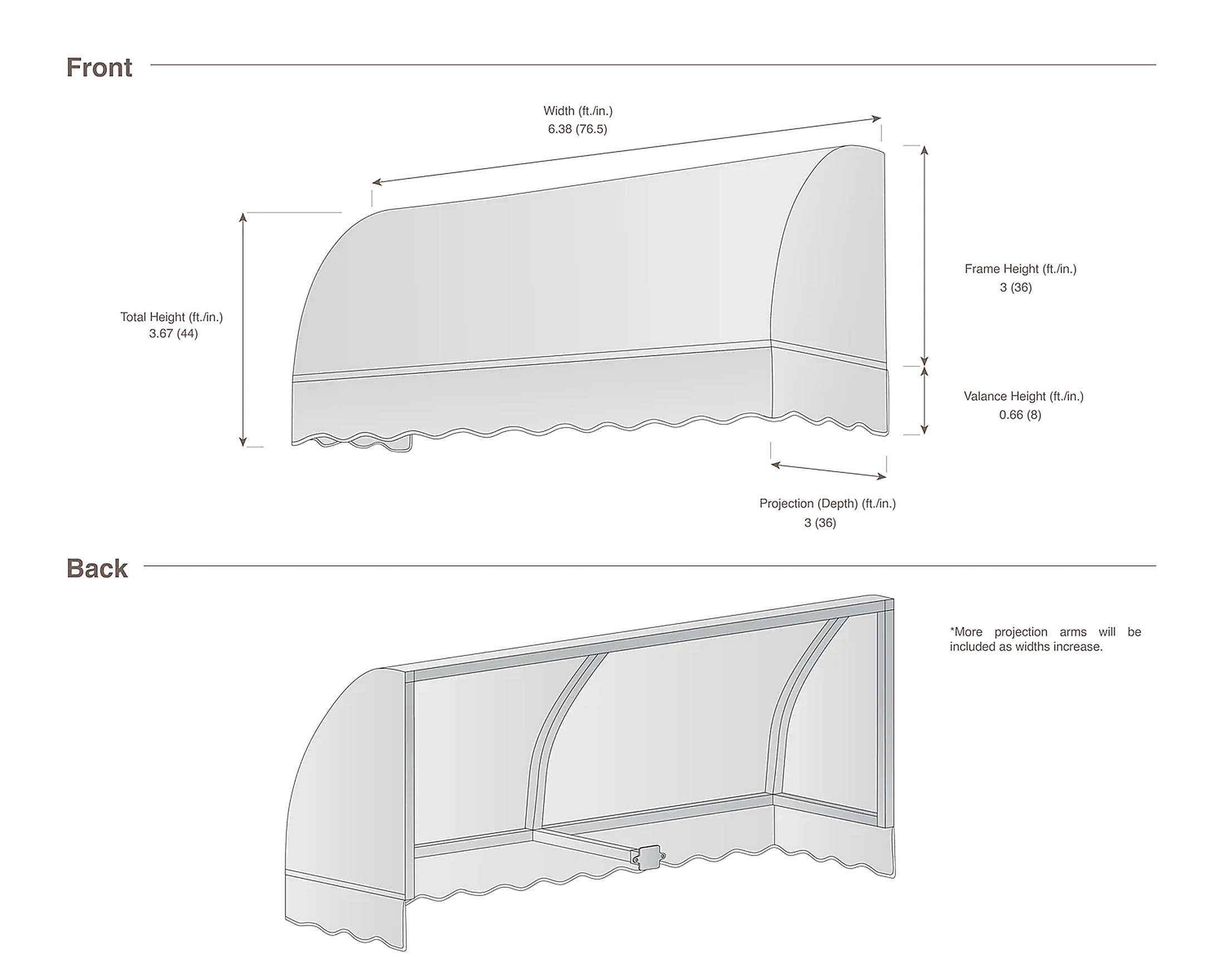 Savannah 76.5" (6.38.ft) Wide. Fabric Awning