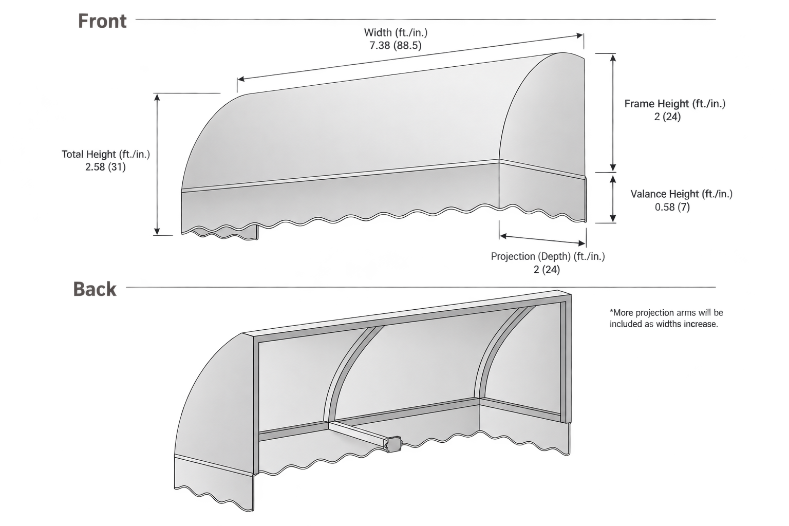 Savannah 88.5" (7.38.ft) Wide. Fabric Awning