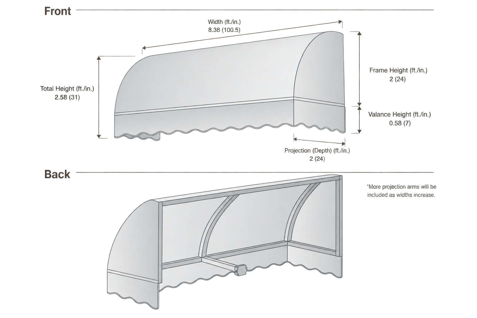 Savannah 100.5" (8.38.ft) Wide. Fabric Awning